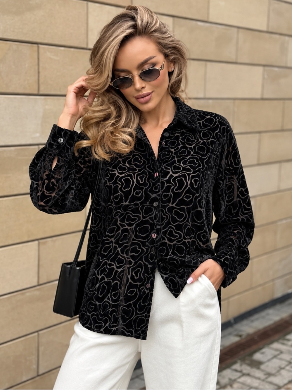 Vintage 100% Silk Velvet Burnout Blouse Black Sheer Devore Button Down Shirt M